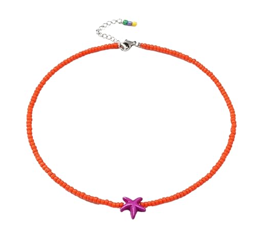 Seed Bead Choker Necklace for Women Bohemian Tiny Beads Choker Colorful Rice Bead Starfish Choker Summer Surfer Beach Necklace Jewelry Gift - color: Orange