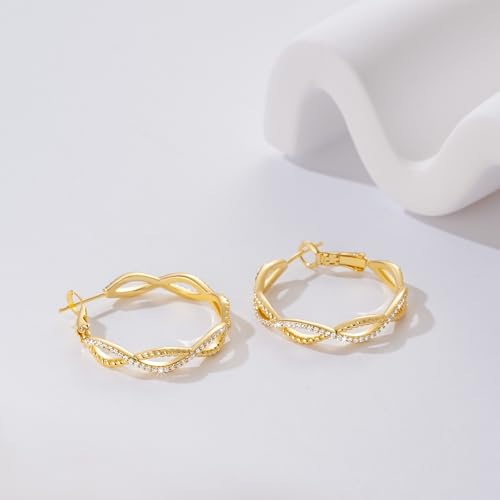Gold Hoop Earrings for Women 14K Gold Earrings for Women | Twist CZ Gold Hoop Earrings 14K Gold Hoop Earrings Hypoallergenic Lightweight Gold Hoop Earrings for Women 20/25/30/40/50mm - size: 30MM