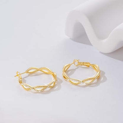 Gold Hoop Earrings for Women 14K Gold Earrings for Women | Twist CZ Gold Hoop Earrings 14K Gold Hoop Earrings Hypoallergenic Lightweight Gold Hoop Earrings for Women 20/25/30/40/50mm - size: 30MM