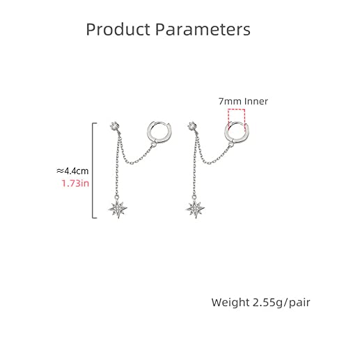 Star 925 Sterling Silver Double Piercing Earrings Huggie Cuff Chain for Women Teen Girls 2 Holes CZ Charm Dangle Drop Small Hoop Earrings Cartilage Climber Jewelry