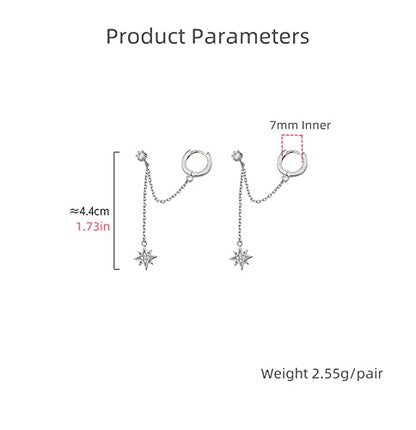 Star 925 Sterling Silver Double Piercing Earrings Huggie Cuff Chain for Women Teen Girls 2 Holes CZ Charm Dangle Drop Small Hoop Earrings Cartilage Climber Jewelry