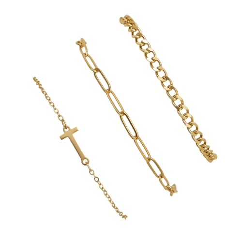 3PCS Gold Bracelet Set for Women, 14K Gold Plated Initial Letter Jewelry, Layered Paperclip and Cuban Chain Stack, Adjustable Stainless Steel Gift - style: Initial-T