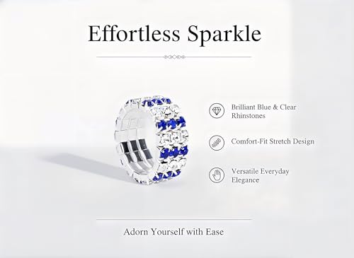 Sparkling Rhinestone Ring Set Trendy Elastic Rhinestone Crystal Stretch Ring Stackable Jewelry for Women Girls - color: 3 Rows Ring-White+Blue