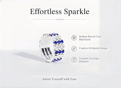 Sparkling Rhinestone Ring Set Trendy Elastic Rhinestone Crystal Stretch Ring Stackable Jewelry for Women Girls - color: 3 Rows Ring-White+Blue
