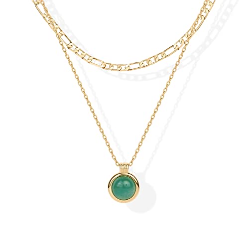 PAVOI 14K Gold Plated Layered Necklaces for Women | Gemstone Pendant Figaro Chain Necklace | Carnelian, Green Aventurine, Malachite Layering Necklace - color: Yellow Gold, style: Green Aventurine