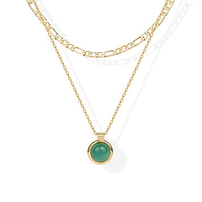 PAVOI 14K Gold Plated Layered Necklaces for Women | Gemstone Pendant Figaro Chain Necklace | Carnelian, Green Aventurine, Malachite Layering Necklace - color: Yellow Gold, style: Green Aventurine