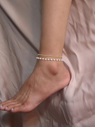 Gold Ankle Bracelets for Women, Dainty 14K Gold Plated Anklets for Women Waterproof Cuban Link Chain Pearl Anklet Set Trendy Layered Stackable Ankle Bracelet Non Tarnish Jewelry for Her - color: A0111