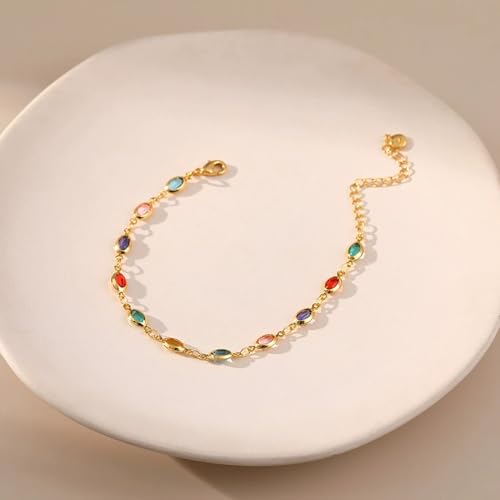 Dainty Gold Bracelets for Women, 18 Gold Plated Adjustable Evil Eye/Butterfly/Beaded/Pearl/Heart/Turquoise Handmade Bracelet for Women - style: oval colorful cubic zirconia