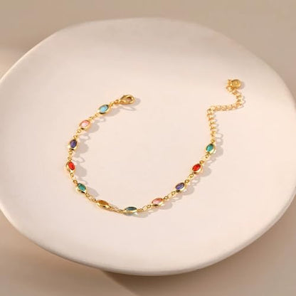 Dainty Gold Bracelets for Women, 18 Gold Plated Adjustable Evil Eye/Butterfly/Beaded/Pearl/Heart/Turquoise Handmade Bracelet for Women - style: oval colorful cubic zirconia