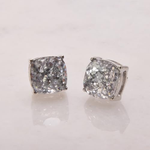 Large Square Stud Earrings for Women - Big Sparkly Rhinestone Studs | Plated in Gold Tone or Silver Tone, Hypoallergenic and Safe for Sensitive Ears - color: Silver Glitter - Silver Tone Metal