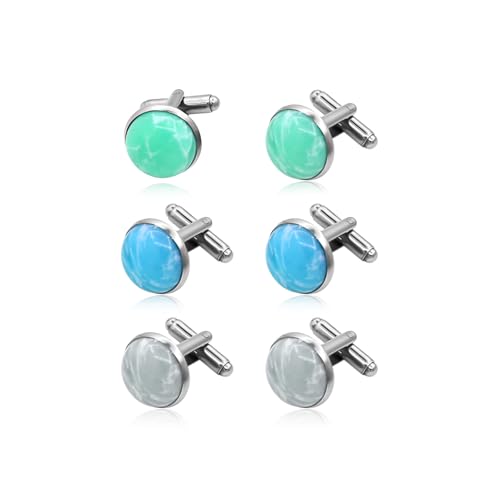 3 Pairs Gemstone Cufflinks for Men Round Personalized Cuff Links Mens Formal Wedding Business Cufflinks Jewelry Set White Blue Green