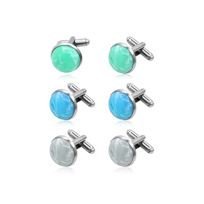 3 Pairs Gemstone Cufflinks for Men Round Personalized Cuff Links Mens Formal Wedding Business Cufflinks Jewelry Set White Blue Green