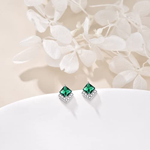 Birthstone Stud Earrings Sterling Silver Square Created Crystal Earrings Cubic Zirconia Hypoallergenic Piercing Jewelry Small Gifts for Women Mothers - color: May-Emerald