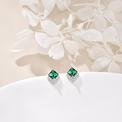 Birthstone Stud Earrings Sterling Silver Square Created Crystal Earrings Cubic Zirconia Hypoallergenic Piercing Jewelry Small Gifts for Women Mothers - color: May-Emerald