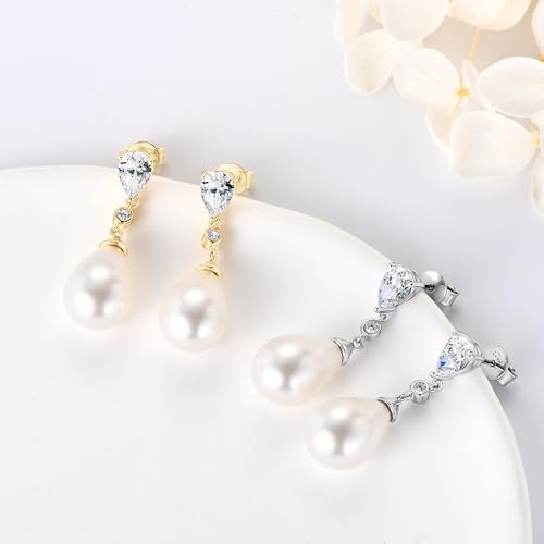 925 Sterling Silver Pearl Drop Earrings for Women, June Birthstone Long Dangle Pearl Jewelry Gifts for Her - color: 13mm Silver