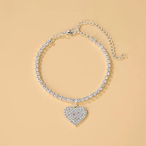 Fesciory Heart Rhinestone Ankle Bracelets for Women, Adjustable Silver Plated Shiny Tennis Anklets, Twinkle Cubic Zircon Imitation Diamond Anklet Foot Chain Jewelry Gifts - color: Thin Heart