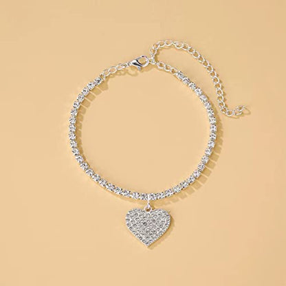 Fesciory Heart Rhinestone Ankle Bracelets for Women, Adjustable Silver Plated Shiny Tennis Anklets, Twinkle Cubic Zircon Imitation Diamond Anklet Foot Chain Jewelry Gifts - color: Thin Heart