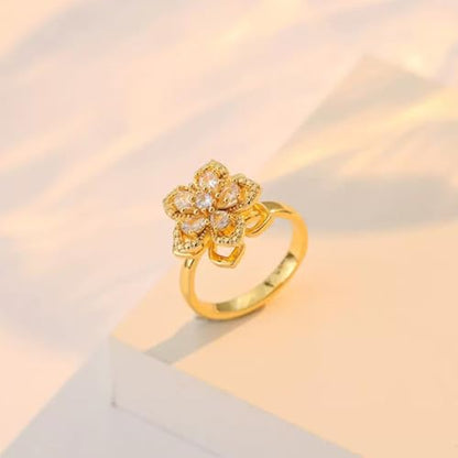 Sunflower Fidget Ring for Women Gold Anxiety Crystal Rings Cubic Zirconia Sunflower Open Adjustable Fidget Ring Spinner Sun Ring for Men Trendy Jewelry - color: White