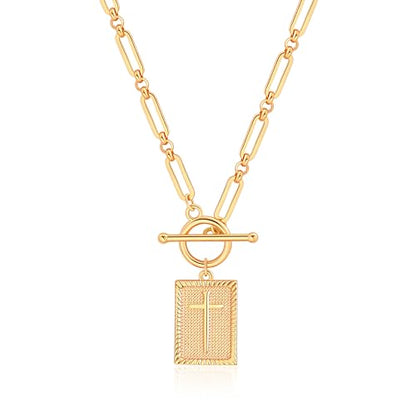 Aobei Pearl 18K Gold Plated Moon Star Lion Evil Eye Love Heart Cross Pendant Necklace Medallion Paperclip Chian Choker Layering Jewery for Women - color: Golden Rectangle Cross Necklace