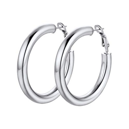 PROSTEEL Chunky Hoop Earrings for Women 14K Gold Plated/Black/Silver | 20/30/40/50/60/70/80mm Stainless Steel Thick Big Round Hoop with Waterproof and Non Tarnish Trendy Jewelry with Gift Box - color: 1. Silver, size: 40MM