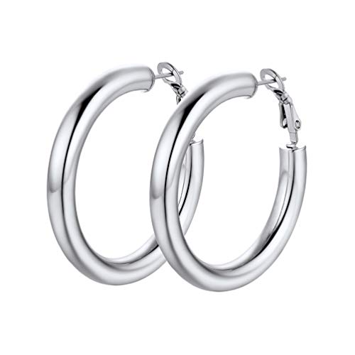PROSTEEL Chunky Hoop Earrings for Women 14K Gold Plated/Black/Silver | 20/30/40/50/60/70/80mm Stainless Steel Thick Big Round Hoop with Waterproof and Non Tarnish Trendy Jewelry with Gift Box - color: 1. Silver, size: 40MM