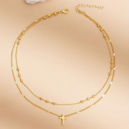 Alegend Dainty 14K Gold Double - Layer Cross Necklace for Casual & Formal - style: 14K Gold Beads+ Cross