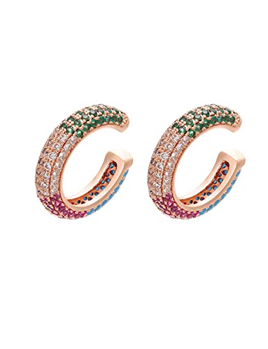 Ear Cuffs for Women - CZ Paved Hoop Conch Cuff Earrings for Men - Sparkle Rhinestones Clip On Wrap Earrings Non Pierced - color: Rosegold-colorful stones