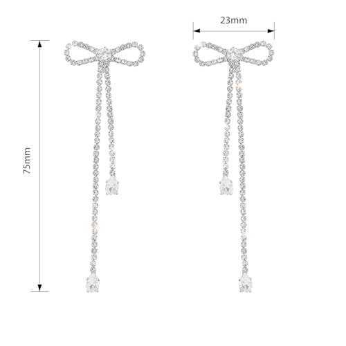 Luxval Rhinestone Earrings Dangling for Women Sparkly Silver Dangle Earrings Girls Long Chandelier Earrings Tassel Lightweight Ear Studs Cubic Zirconia Crystal Statement - color: Silver-CZ Bow