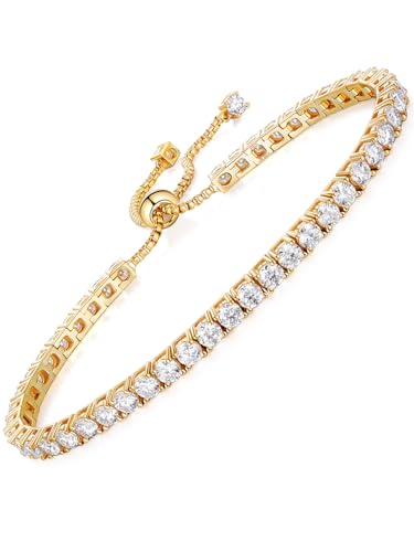 CYW 2mm/3mm All Moissanite Tennis Bracelet for Women, Solid 925 Sterling Silver, 5.5-7.5inch (14-19cm), with 2cm Adjustable Chain Extender, Birthday Anniversary Valentines Mothers Day Ideal Gift - color: 3mm - Yellow Gold, size: 6.7 Inches