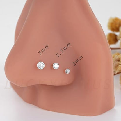 LUCKYJEWUS 3Pcs 925 Sterling Silver Nose Rings Studs Set, 18G/20G/22G L Shaped CZ Diamond Nose Studs for Women & Men, 2mm 2.5mm 3mm Hypoallergenic Nose Piercing Jewelry - size: 3pcs - 22G