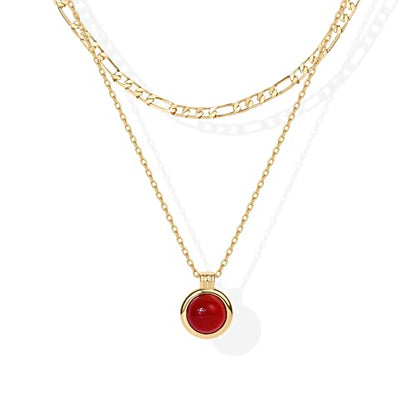 PAVOI 14K Gold Plated Layered Necklaces for Women | Gemstone Pendant Figaro Chain Necklace | Carnelian, Green Aventurine, Malachite Layering Necklace - color: Yellow Gold, style: Carnelian
