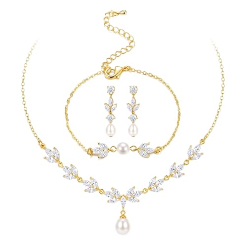 14K Gold Plated Pearl Jewelry Set 925 Sterling SIlver Post | Dainty Dangle Earrings Adjustment Pearl Necklace Bracelet Wedding Jewelry Sets for Bride Bridesmaid Trendy - color: Gold 2