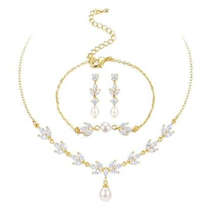14K Gold Plated Pearl Jewelry Set 925 Sterling SIlver Post | Dainty Dangle Earrings Adjustment Pearl Necklace Bracelet Wedding Jewelry Sets for Bride Bridesmaid Trendy - color: Gold 2