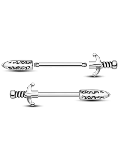 Jewseen 14G Nipple Rings Sword Nipple Piercing Jewelry Surgical Steel Nipple Barbell Straight Bar Body Piercing Jewelry for Women - color: steel