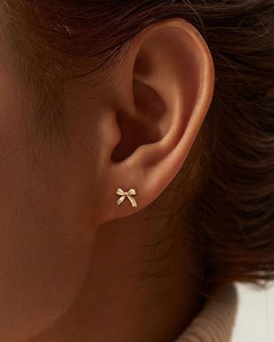 Stud Earrings for Women- 14K Gold/White Gold Plated/Black Bow Dragon Softball Snake Bat Stud Earrings - color: Ribbon bow