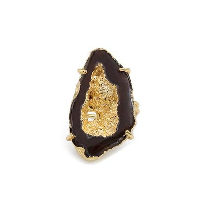 Ring Geode Druzy Slice Unique And Stylish Statement Gold Plated Jewelry Natural Gemstone Stone size 25-35 mm Approximately Adjustable Shank US Scale Size 6-9 - color: Brown