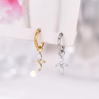 Ourania 16G Gold Stainless Steel Zircon Dangle Huggie Hoop Rook Piercing Helix Hoop Earring Tragus Hoop Cartilage Piercing for Women - color: Flower Gold 2PCS, size: 1.2*6mm 2pcs