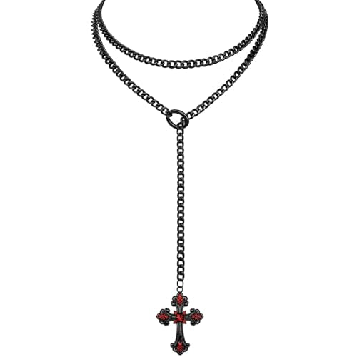 Double Layered Slip Chain Necklace with Vintage Rhinestones Cross Pendant, Adjustable Punk Gothic Baroque Lariat Cuban Y-Necklaces - color: Black Chains & Red Stones