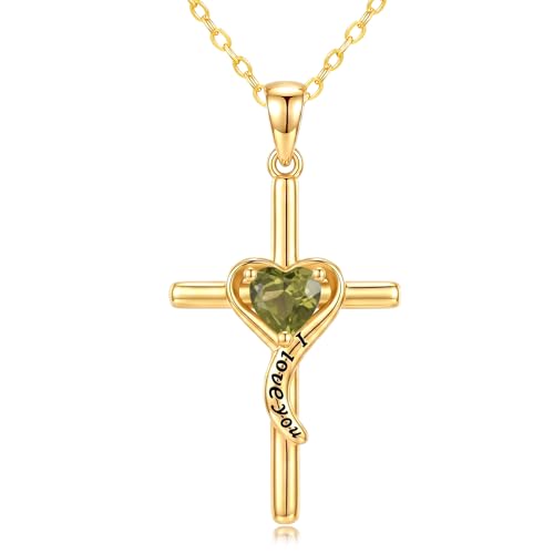 14K Gold Cross Necklace for Women Dainty Birthstone Pendant | Heart I Love You Romantic Jewelry Anniversary Christian Religious Baptism Birthday Gifts with 18"+2" Adjustable Chain - color: 14K Gold-08-Aug Birthstone