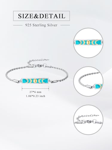 Waves/Tree of Life/Mushrooms/Moon Phase/Butterfly/Hummingbird Bracelet/Anklet 925 Sterling Silver Adjustable Abalone Shell Bar Bracelet/Anklet Summer Jewelry Gifts for Women - color: Moon Phase-Turquoise, size: Bracele 7"+2"