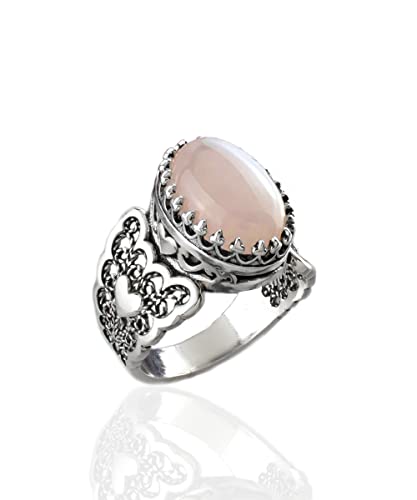 Filigranist 925 Sterling Silver Handcrafted Filigre Art Double Heart Detailed Women Cocktail Ring with Gemstones - color: Rose Quartz