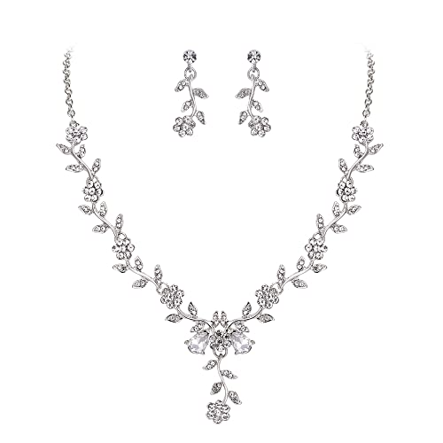 Women's Wedding Jewelry Set for Bride,Prom Bridal Accessories | Bling Crystal,Flower Leaf Cluster,Dangle Earrings Pendant Necklace Set,for Bridesmaid,Party Jewellery - color: 01-Clear Silver-Tone