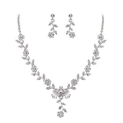 Women's Wedding Jewelry Set for Bride,Prom Bridal Accessories | Bling Crystal,Flower Leaf Cluster,Dangle Earrings Pendant Necklace Set,for Bridesmaid,Party Jewellery - color: 01-Clear Silver-Tone