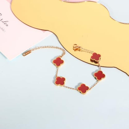 Delicacy Clover Bracelets Necklace Set:Clover Necklaces Clover Bracelet Women Link Bracelets Cute Gold Jewelry - color: Red-Gold