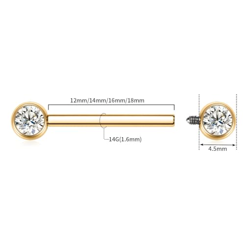 14G Nipple Rings Titanium Nipple Jewelry for Women Bridge Piercings | 1 Pair Nipple Bars,Hypoallergenic Nipple Barbells,Internally Threaded Nipple Piercings,Tongue Rings,Straight Barbells - color: Styele5:Clear CZ,Gold, size: 14G+9/16"(14mm)
