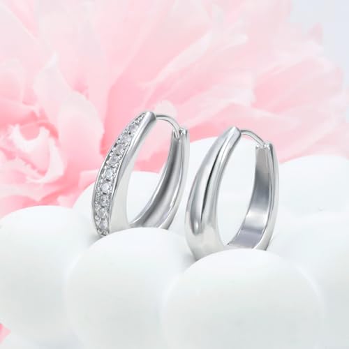 Hoop Earrings for Women Chunky Huggie Hoop Earrings Gold Sterling Silver Cz Oval Hoop Earrings Lightweight Chunky Thick Hoops Dainty Hypoallergenic Jewelry for Mom Wife Birthday Party Gifts - color: Silver