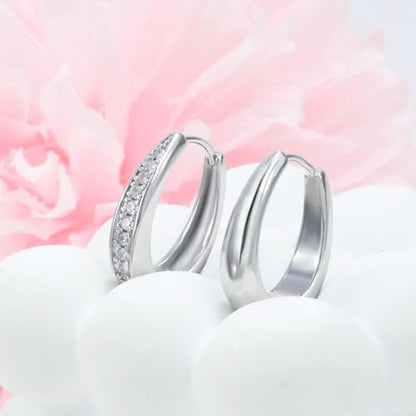Hoop Earrings for Women Chunky Huggie Hoop Earrings Gold Sterling Silver Cz Oval Hoop Earrings Lightweight Chunky Thick Hoops Dainty Hypoallergenic Jewelry for Mom Wife Birthday Party Gifts - color: Silver