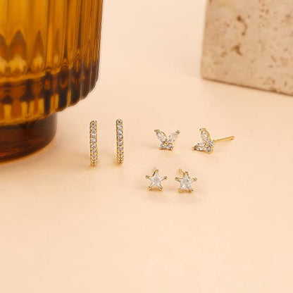 Freekiss 3 Pairs Hoop Earrings Set - Dainty Stud Dangle Cartilage for Women | Hypoallergenic Earrings, Cubic Zirconia Stackable Trendy Small Set Jewelry Gifts for Women - style: Butterfly Set-gd