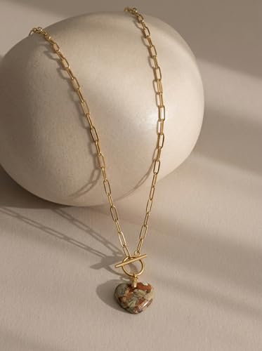 Puff Heart Healing Stone Necklace for Women, 14K Gold Plated Choker Paperclip Stainless Steel Chain, Colorful Natural Stone Boho Necklace Jewelry Gift for Women - color: Khaki Stone-Gold