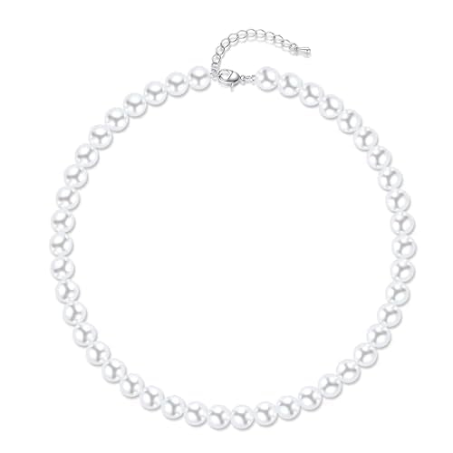 Aleasha Faux Pearl Strand 4mm-10mm 14"-22" White Pearl Necklace Choker Women Men Wedding Jewelry - color: White-10mm, size: 18inches